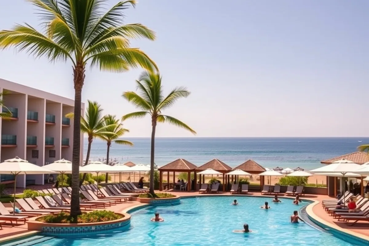 An all-inclusive resort pool deck with loungers, umbrellas and a beach in the background