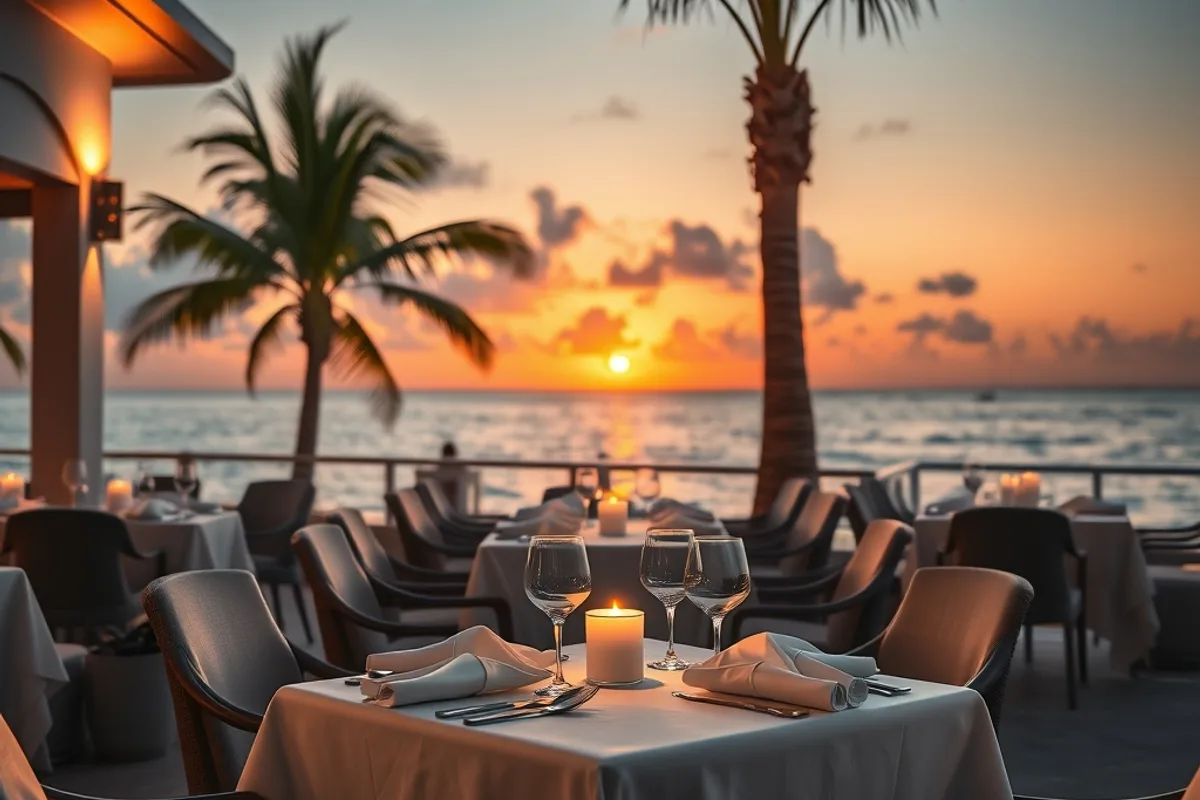 A resort restaurant terrace set for dinner beside the sea
