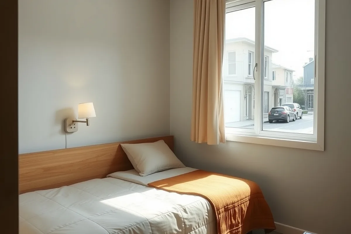 A simple, clean budget hotel room with a double bed and a window