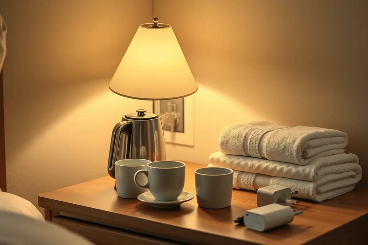 A compact hotel room desk with a kettle, lamp and folded towels