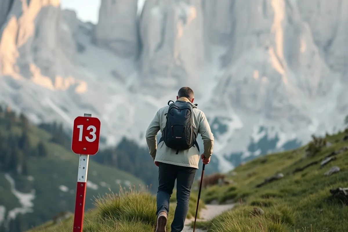 A hiker following a marked trail below pale limestone peaks in the Dolomites