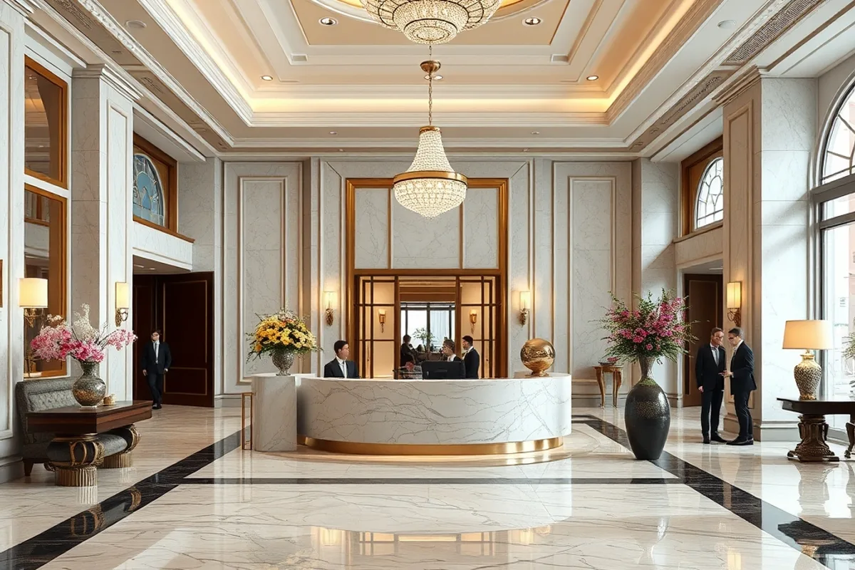 A spacious five-star hotel lobby with marble floors and a concierge desk