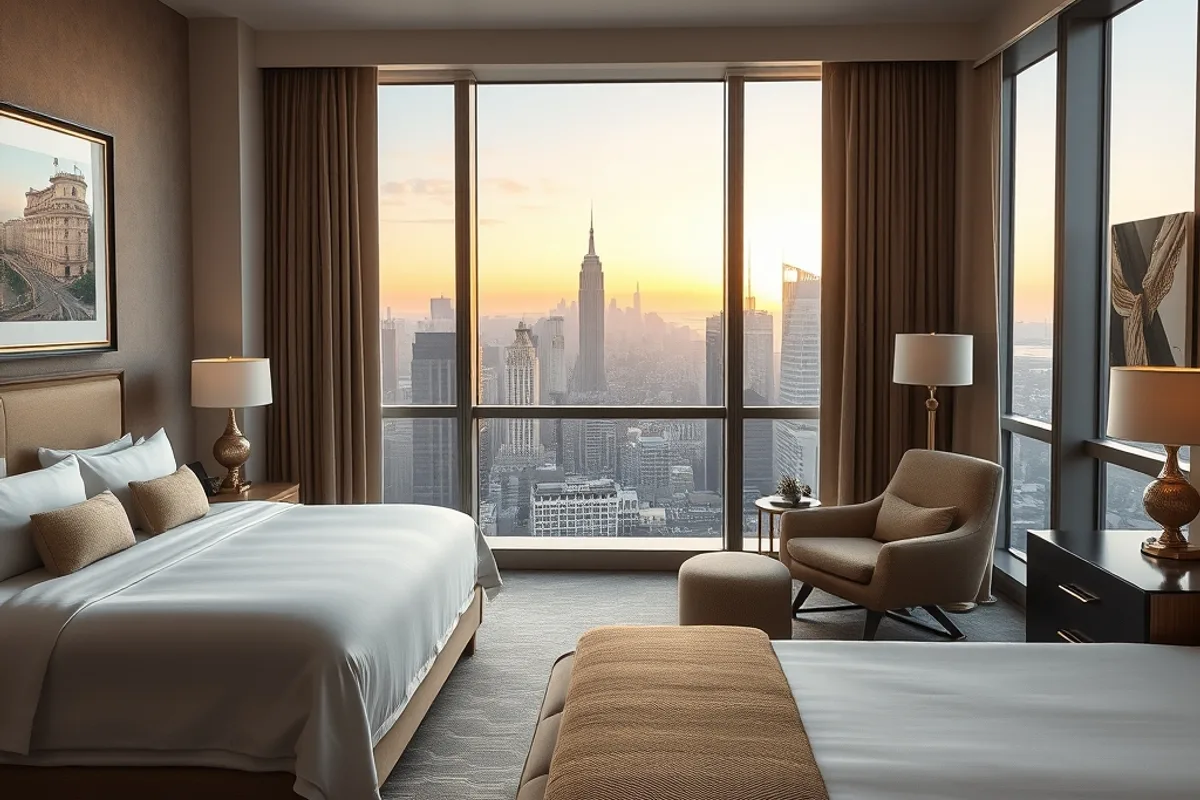 A hotel suite with a city view, desk and king-size bed