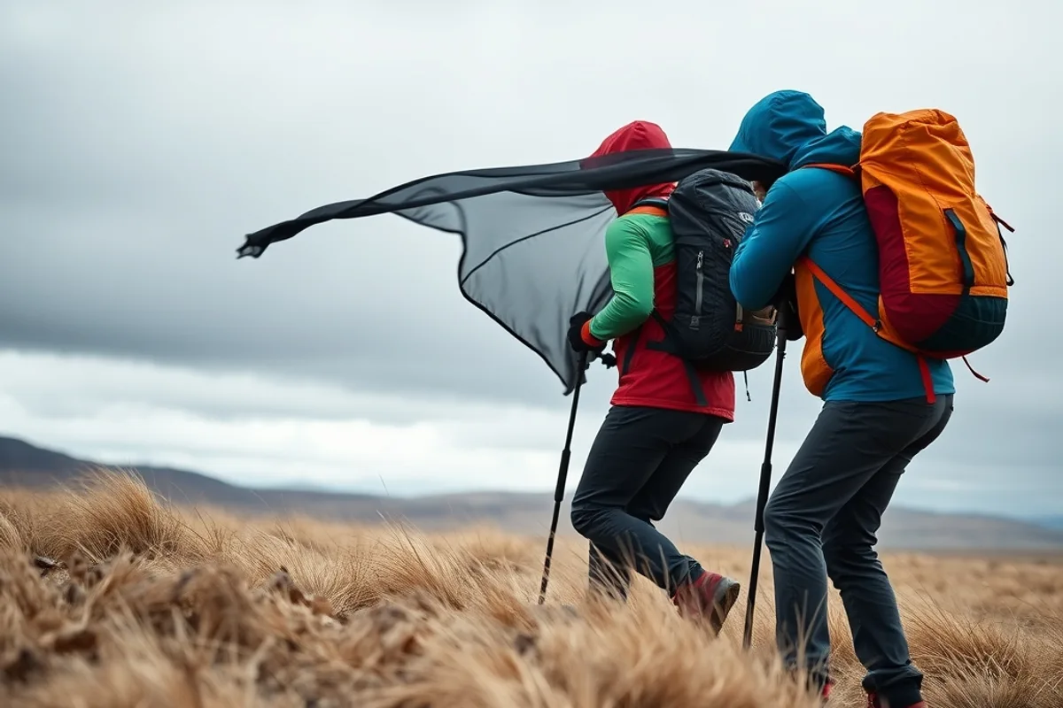 Hikers in windproof jackets crossing a windy Patagonian plateau