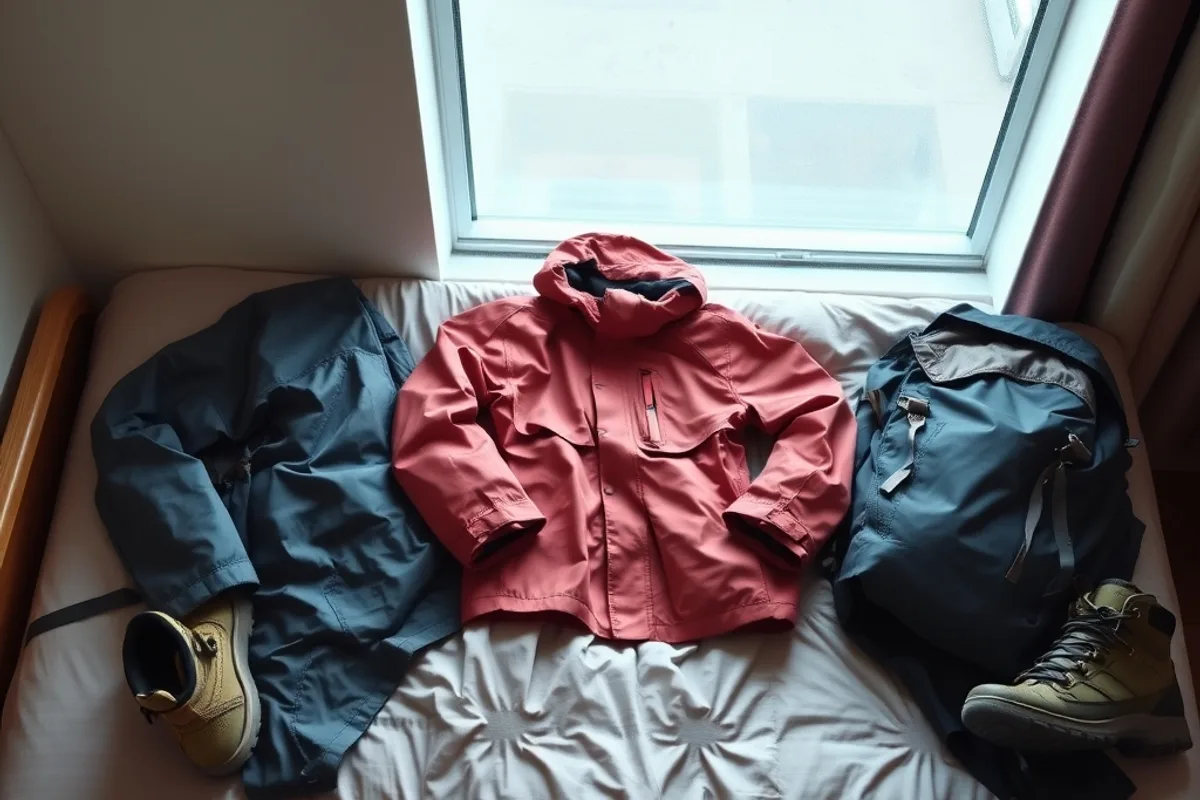 Layered hiking clothing and a waterproof shell laid out on a hostel bed