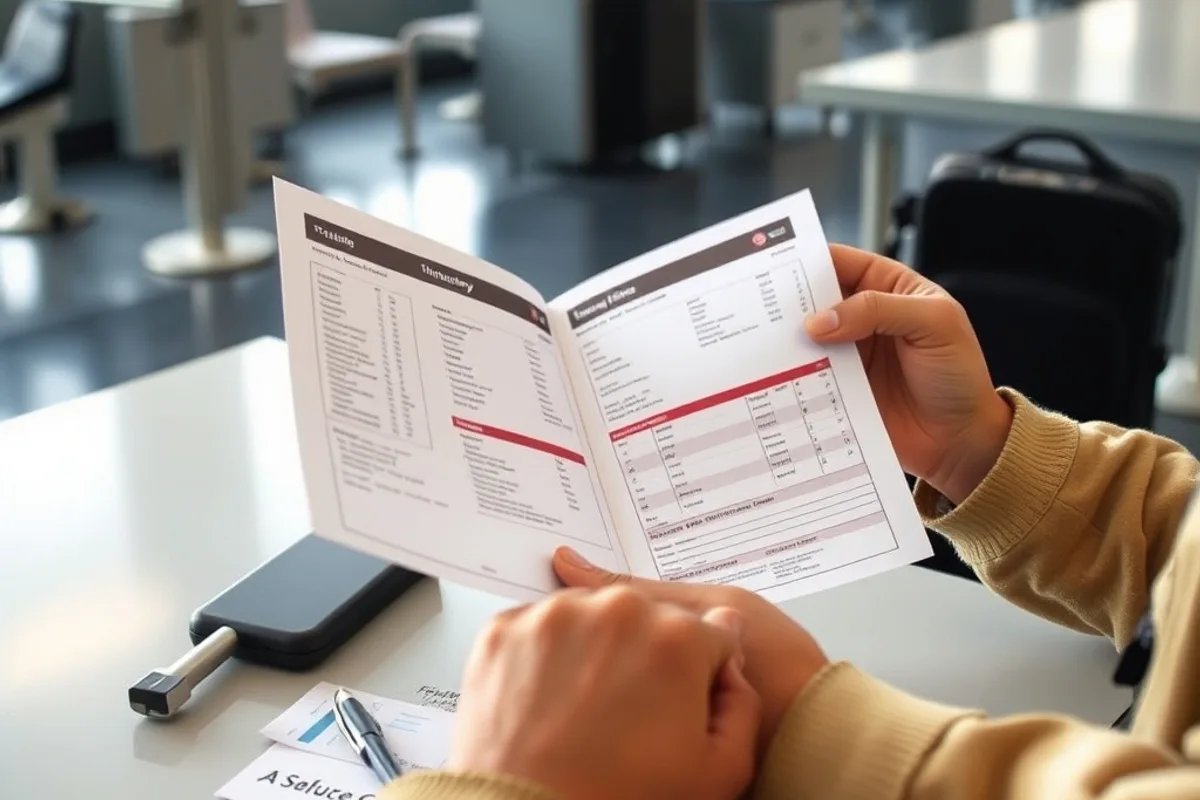 A traveller reviewing a paper itinerary with a coffee at an airport gate