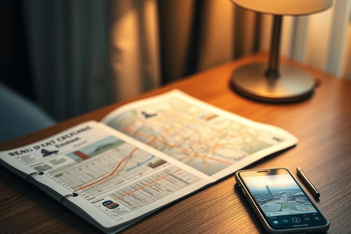 A map, notebook and phone showing a travel itinerary on a hotel desk