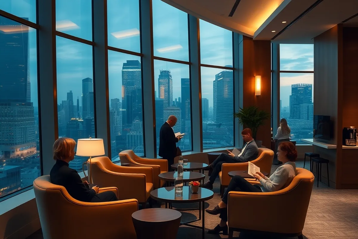 A hotel club lounge with armchairs, a coffee machine and city views
