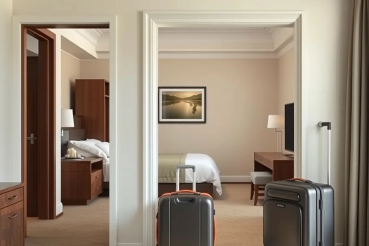 A suite living area with a sofa, desk and open suitcase
