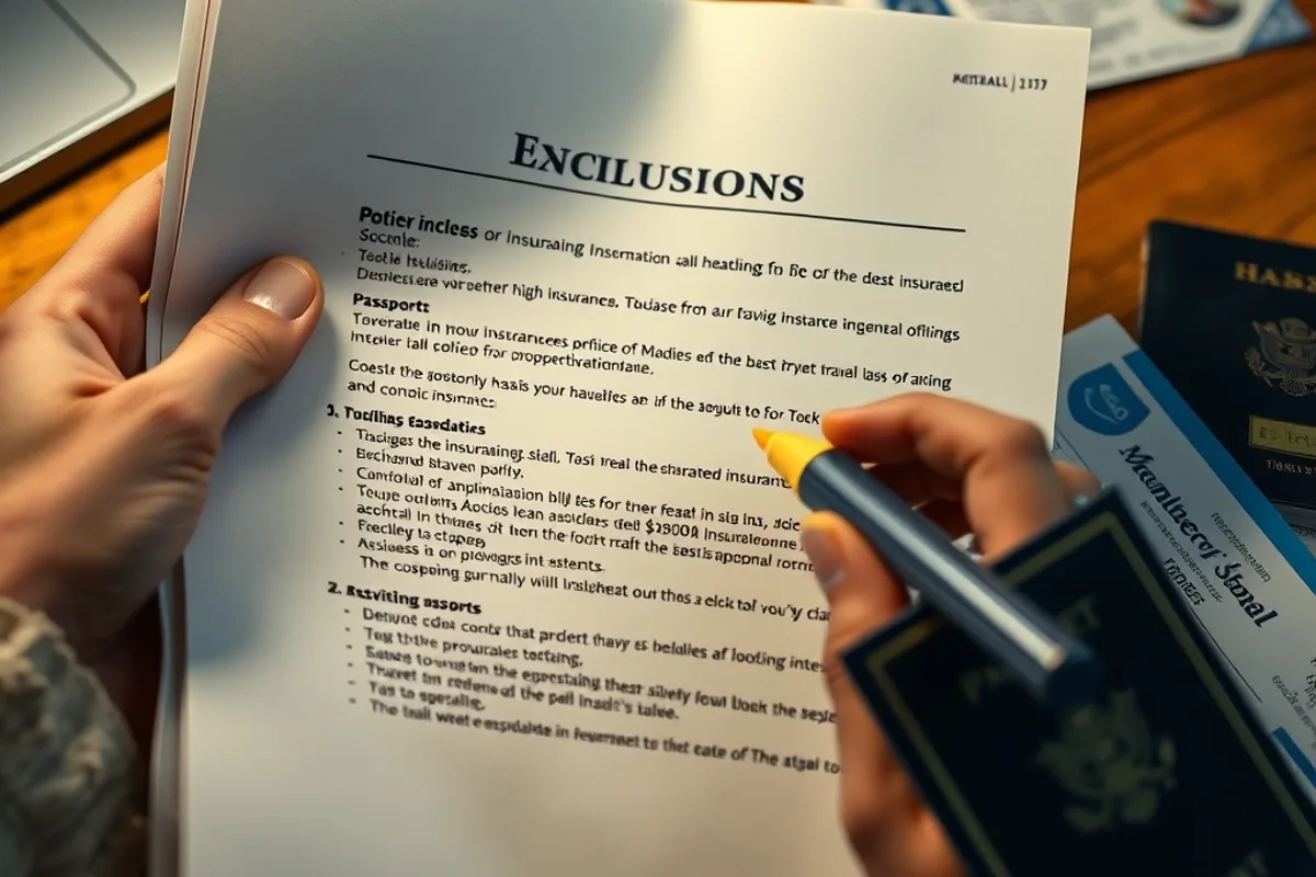 A travel insurance policy document with a passport, glasses and a pen on a table
