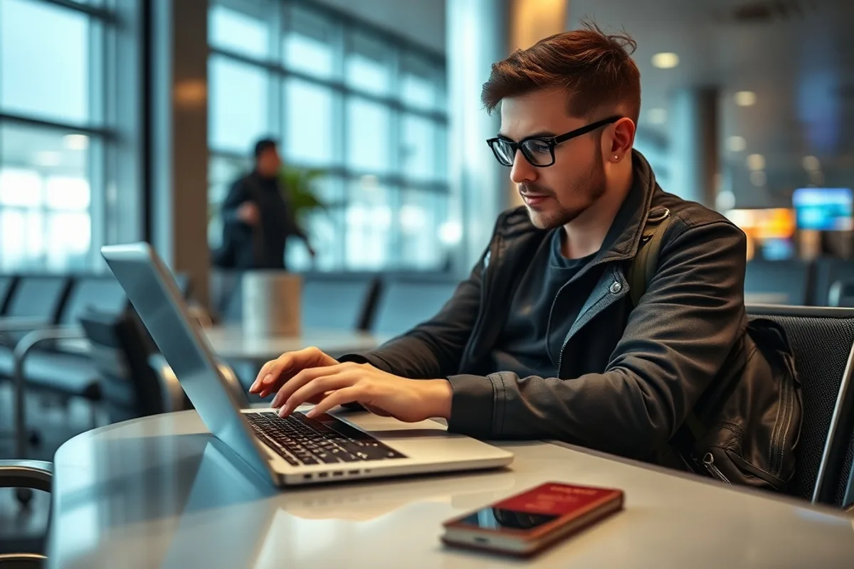 A traveller checking insurance details on a laptop in an airport lounge