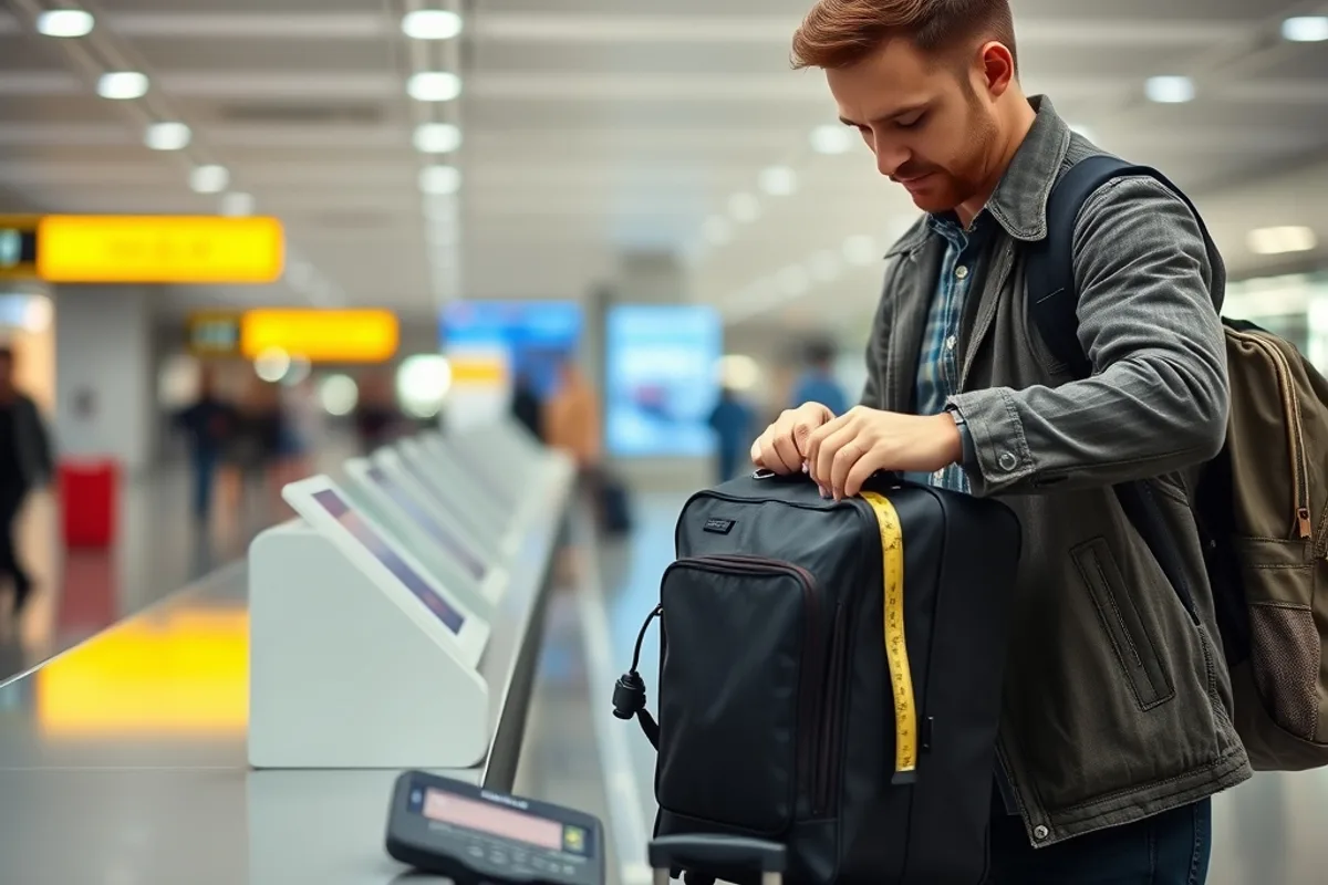 A traveller measuring a cabin bag at an airport check-in counter