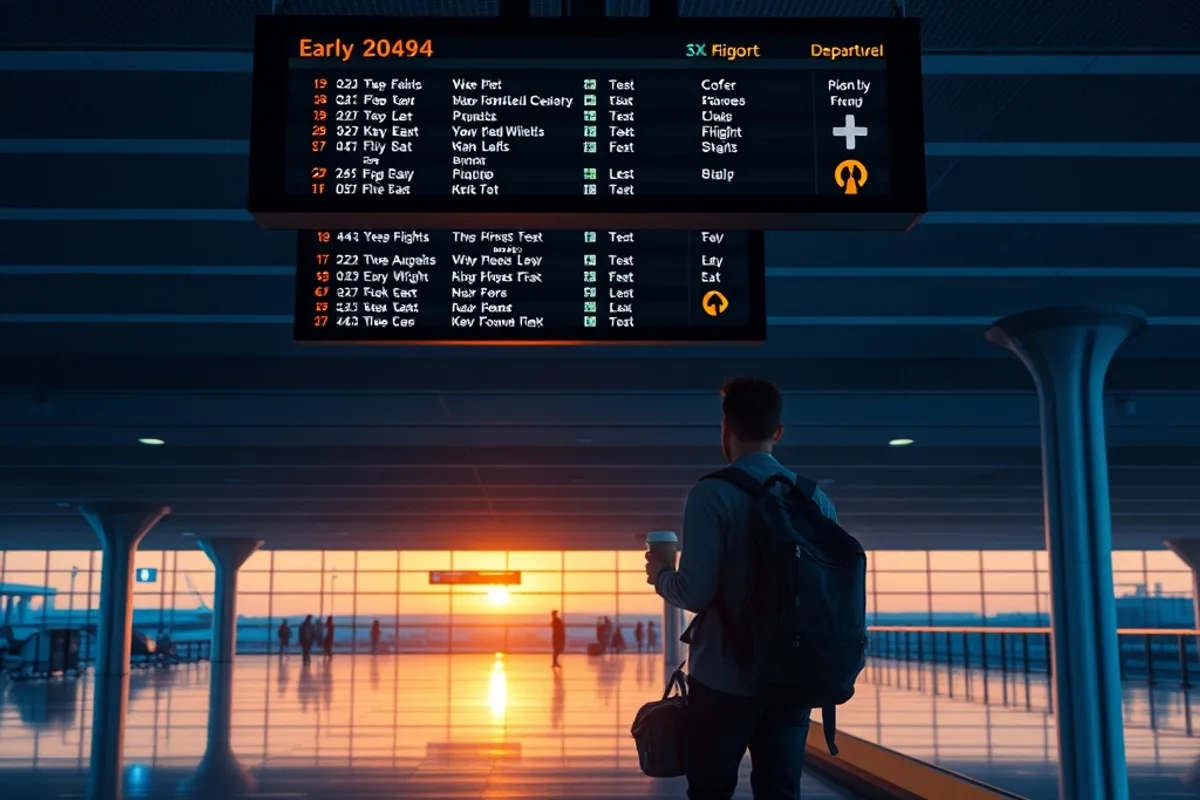 A departure board showing early morning flights in a quiet airport terminal
