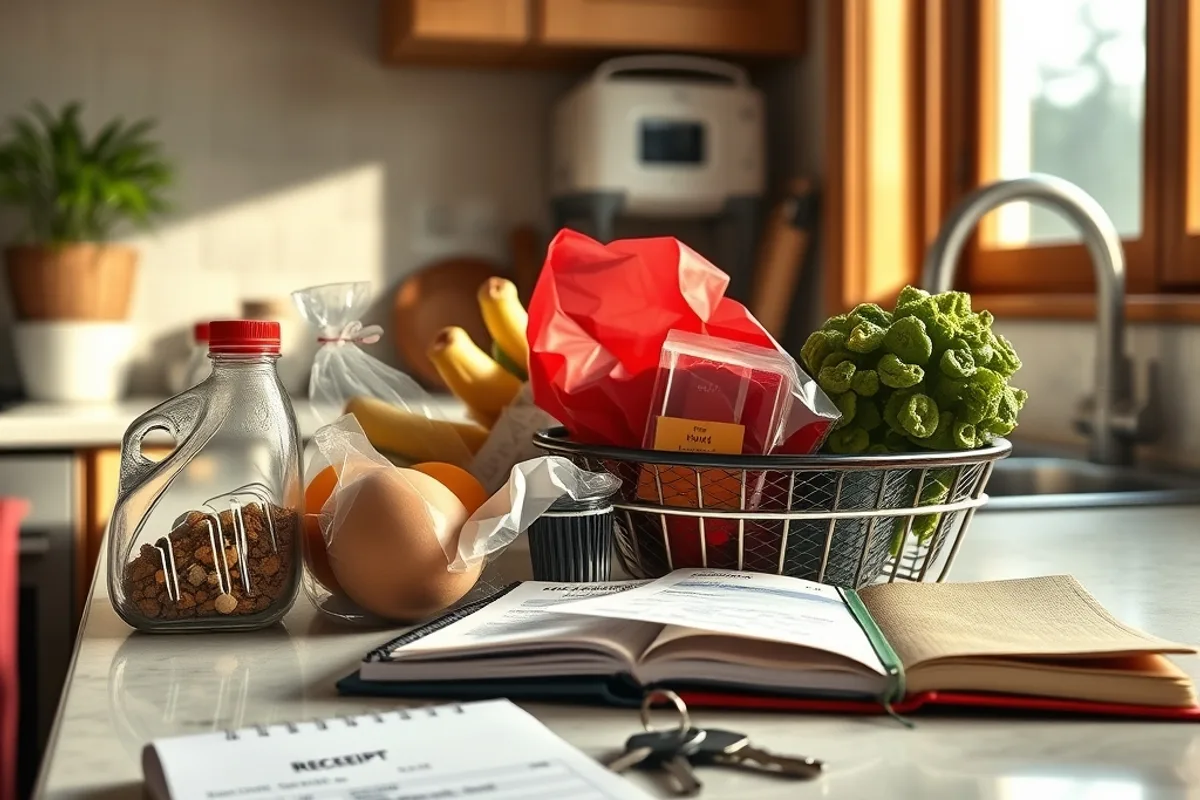 A villa kitchen counter with groceries, a notebook and a set of keys